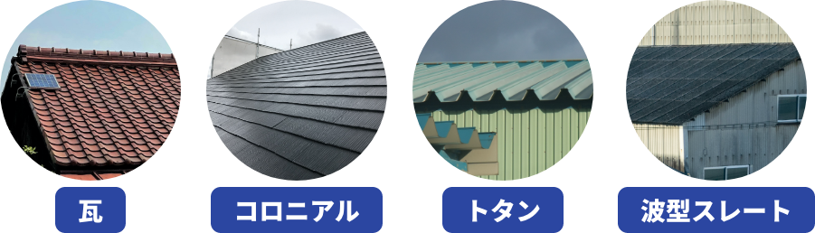 屋根の種類 瓦、コロニアル、トタン、波型ストレート